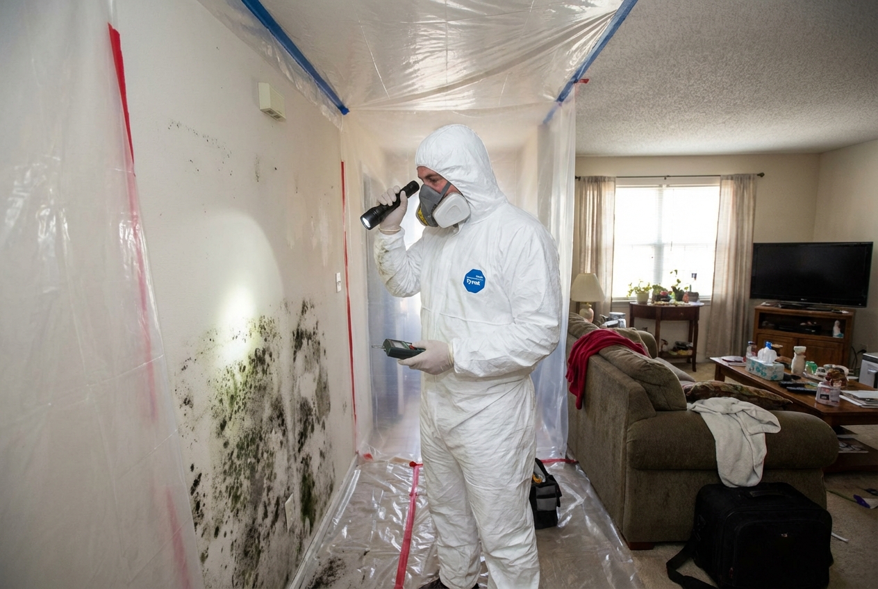 Mold remediation in progress by Lovett Restoration